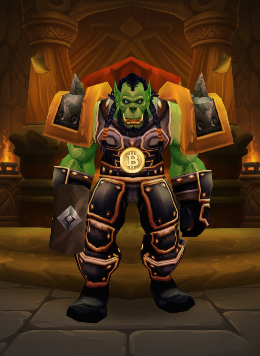 Thrall wearing a Bitcoin belt buckle